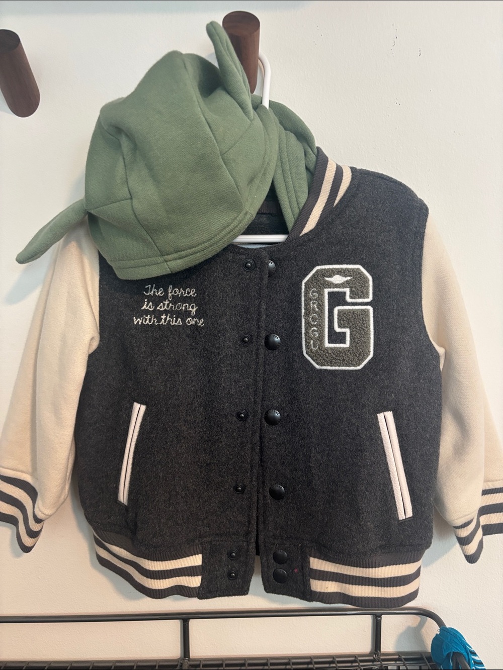 GAP Charcoal & Cream Varsity Jacket with Green Hood